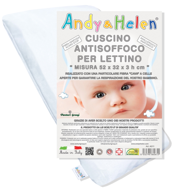 Cuscino Antisoffoco Per Bambini Almatex Guancialino - 29x37 Cm H3,5 - Bianco - Made In Italy